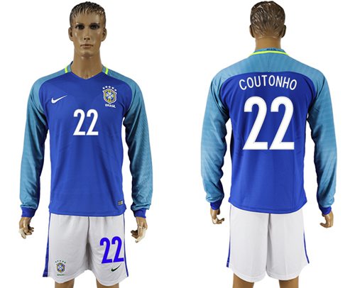 Brazil #22 Coutonho Away Long Sleeves Soccer Country Jersey